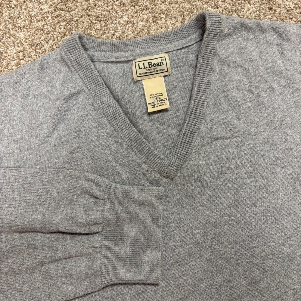 L.L.Bean V-Neck Pullover Sweater Mens Large Cashmere Blend Knit Grey Preppy